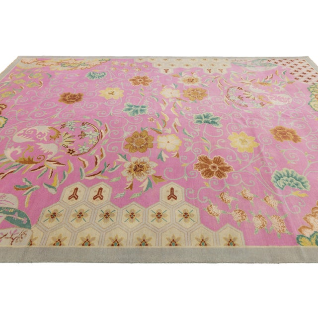 2010s Modern Art Deco Style Handmade Wool Rug in Pink With Floral Design For Sale - Image 5 of 11
