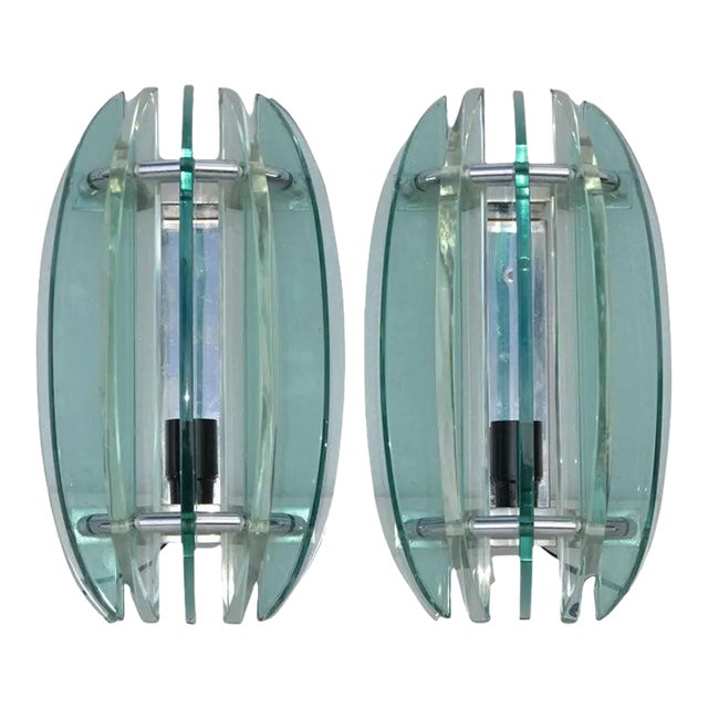 Italian Veca Clear & Green Glass Wall Sconces Mid-Century Modern 1970, Pair For Sale