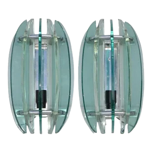 Italian Veca Clear & Green Glass Wall Sconces Mid-Century Modern 1970, Pair
