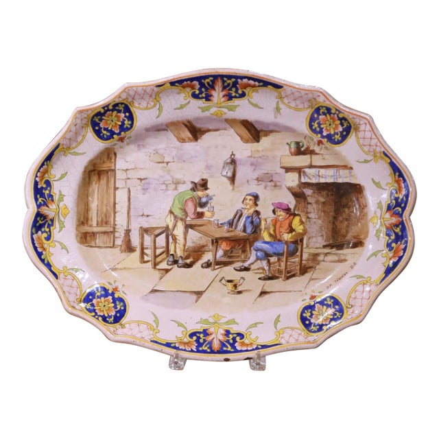19th Century French Desvres Faience Platter With Tavern Scene Signed Teniers For Sale