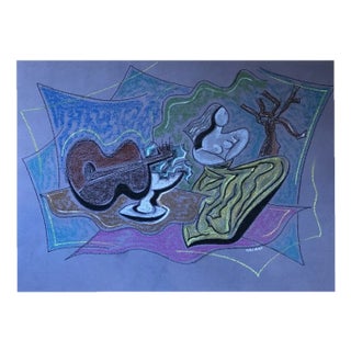 Pippo Oriani, Nature morte à la guitare et statue, Pastel on Paper, Framed For Sale