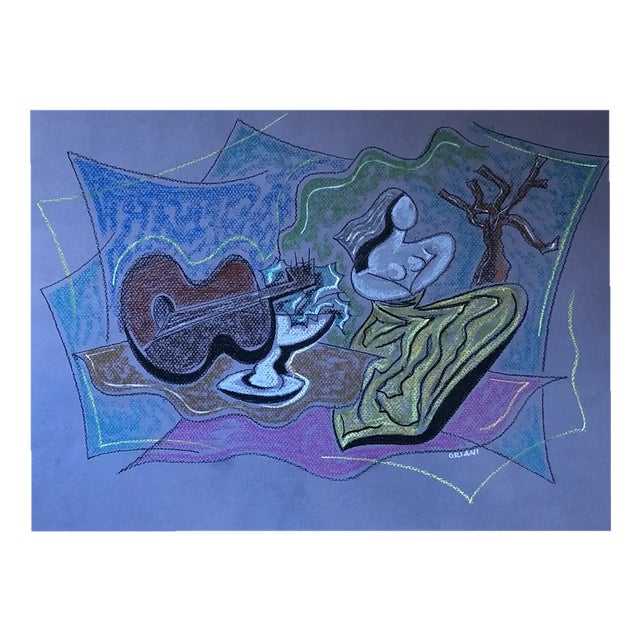 Pippo Oriani, Nature morte à la guitare et statue, Pastel on Paper, Framed For Sale