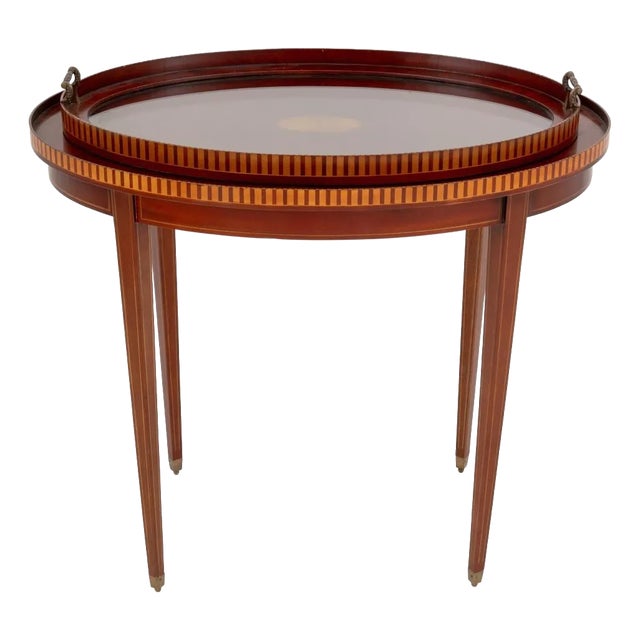 Sheraton Style Parquetry Mahogany Oval Tray Table For Sale