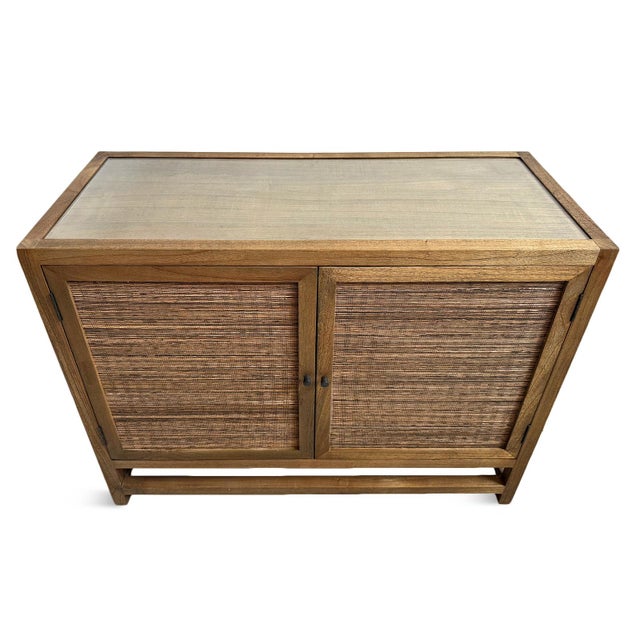 Modern tropical style Mindi wood frame two-door sideboard / nightstand with coconut leaf rattan woven doors and sides....