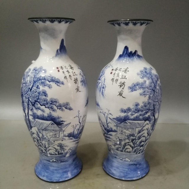 Chinese Pair of Vintage Chinese Cloisonné Vases | Blue & White Landscape Scene With Calligraphy For Sale - Image 3 of 9