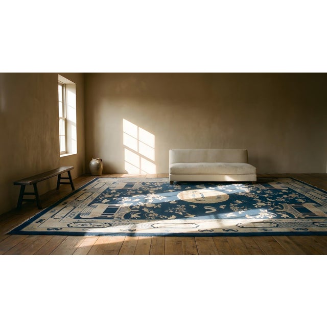 Great Navy Blue Ground Color With Beige Butterfly in a Chinoiserie Pattern Antique Chinese Peking Rug For Sale - Image 9 of 10