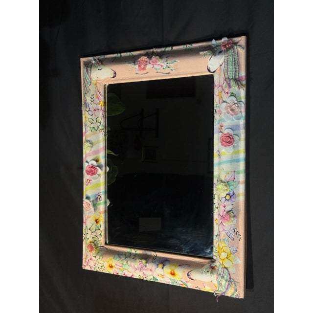 2020s Contemporary Unicorn and Floral Fabric Wrapped Wall Mirror For Sale - Image 5 of 6