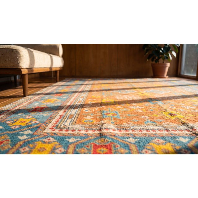 Camel 1890s Tan Camel Geometric Antique Indian Agra Rug 5' X 7' 4" Cotton Knotted Carpet For Sale - Image 8 of 9