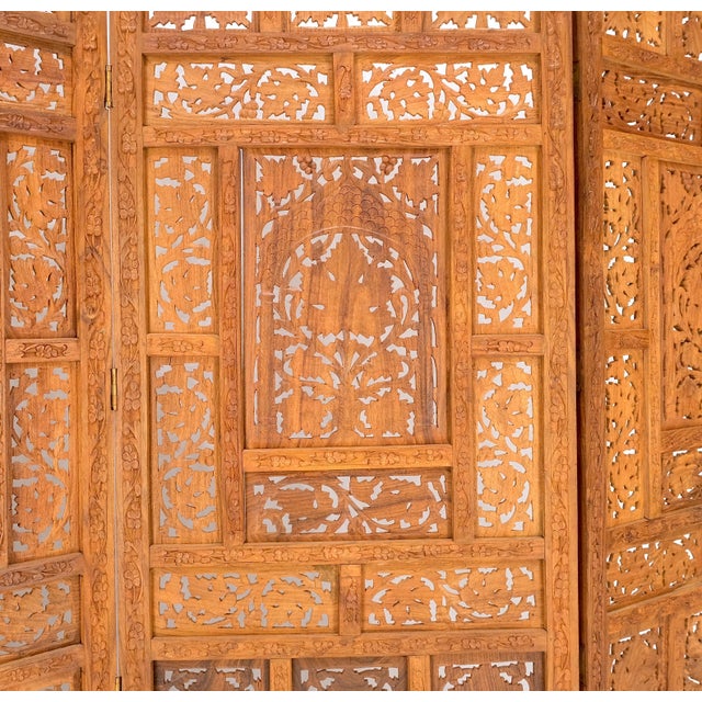 Mid 20th Century Fine Asian Carved Teak 4 Panels Screen Room Divider Mint! For Sale - Image 5 of 11