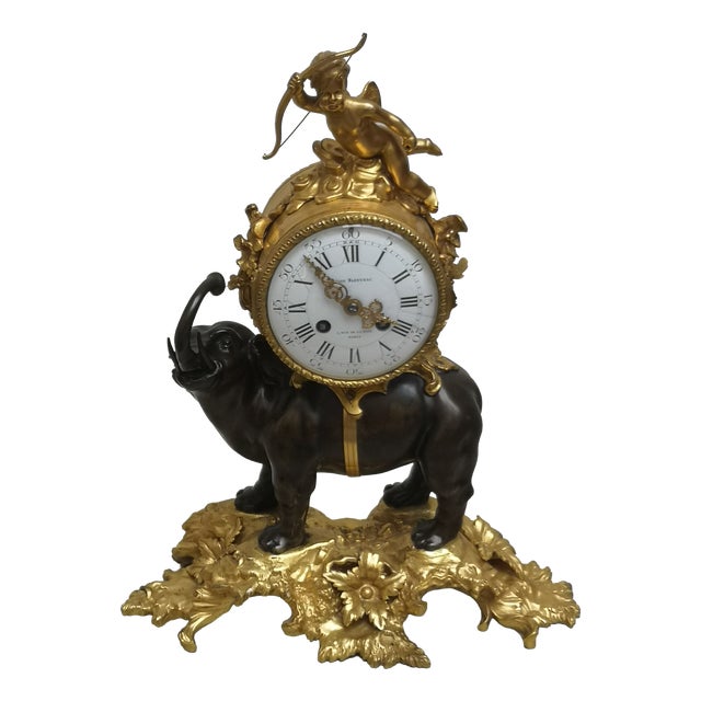Gilt Bronze Desk Clock with Elephant Angel Decor For Sale