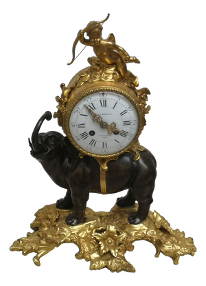 Gilt Bronze Desk Clock with Elephant Angel Decor