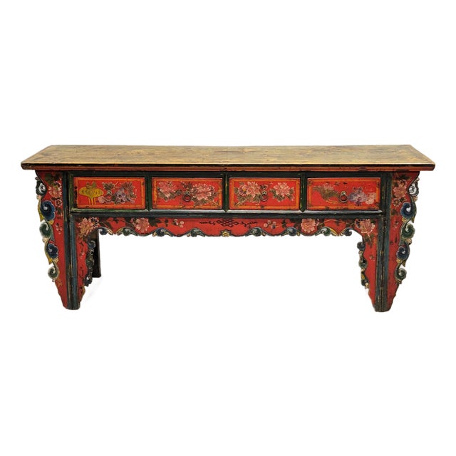 Antique Early 20th Century Chinese Red Lacquer Altar / Console Table For Sale