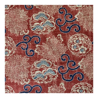 Quadrille Burger Red and Blue Hand Print Faerie Linen Fabric- 7 1/2 Yards For Sale