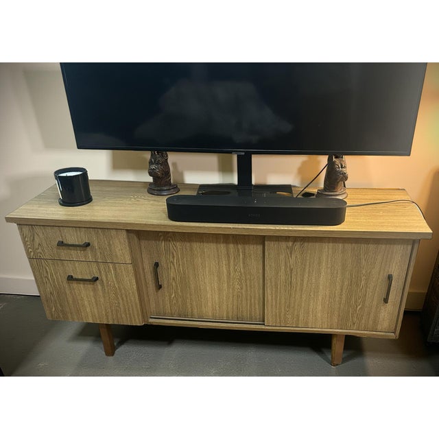 Mid 20th Century Mid 20th Century Modern Oak Veneer Credenza or Media Console With Sliding Doors and Drawers For Sale - Image 5 of 11