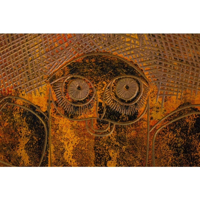 Rare Mid-Century Modern Earth Toned Parliament of Owls Painting With Custom-Made Walnut Frame Attributed to Sukhya, C. 1960s For Sale - Image 9 of 17