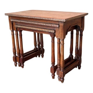 Set of Three Spanish Walnut Nesting Tables With Copper Top For Sale