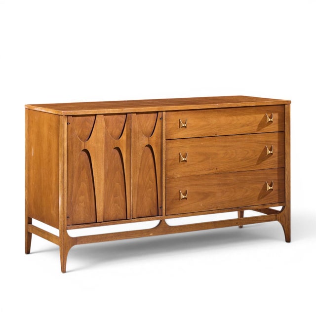 Wood Broyhill Brasilia Mid Century Walnut and Brass Offset Credenza and Hutch For Sale - Image 7 of 14