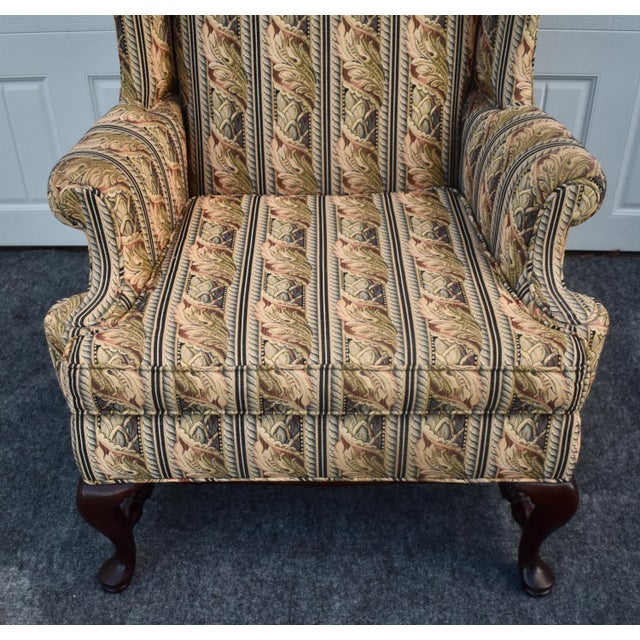 Vintage Queen Anne Wingback Chair Mahogany Cabriole Leg Striped Tapestry Floral For Sale - Image 12 of 15