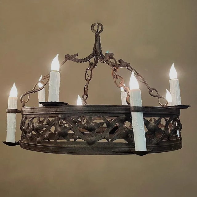 Pair Antique Country French Wrought Iron Chandeliers For Sale - Image 4 of 13
