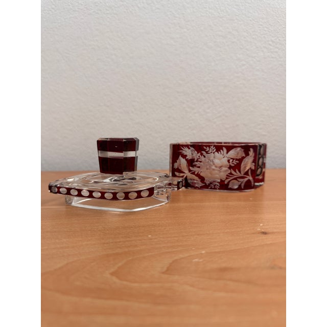 Antique Czech Bohemian Ruby Red Art Deco Hand Cut to Clear Crystal Trinket Box, C. 1920s For Sale - Image 9 of 11