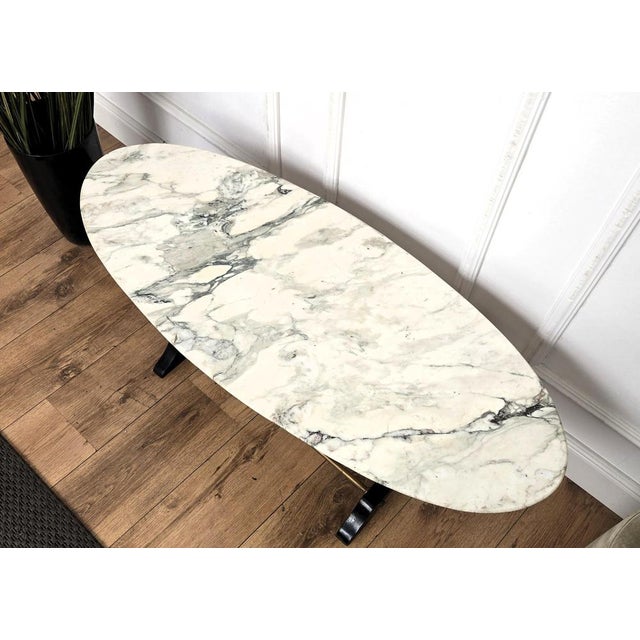 Mid-Century Modern Italian Coffee Table in Carved Walnut with Oval White Marble Top, 1950s For Sale - Image 6 of 9