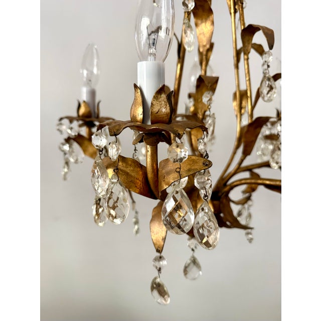 Gold Mid 20th Century Hollywood Regency Gilt Tole Leaf & Crystal 5-Light Chandelier For Sale - Image 8 of 12