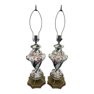 1950s Italian Capodimonte Rococo Revival Porcelain Table Lamps, Pair For Sale