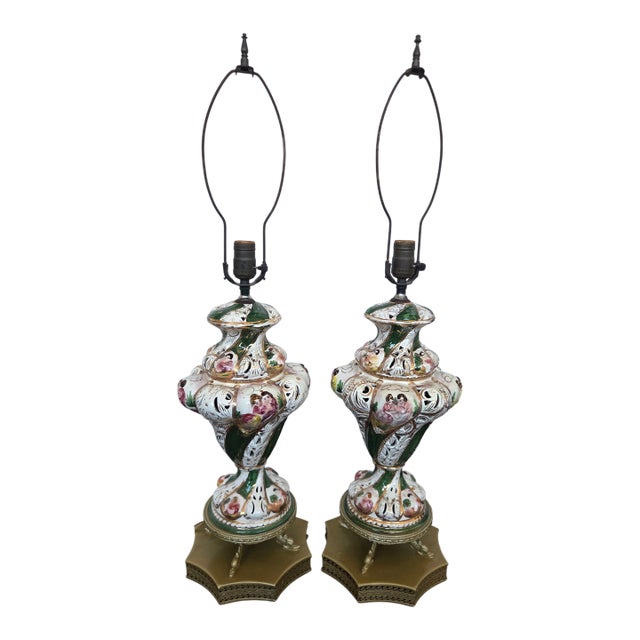 1950s Italian Capodimonte Rococo Revival Porcelain Table Lamps, Pair For Sale