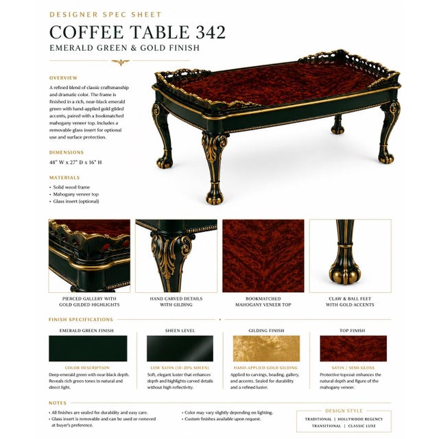 Chinoiserie Vintage Carved Coffee Table With Bookmatched Mahogany Veneer Top, Deep Emerald Green Lacquer & Gold Gilded Accents — Glass Insert For Sale - Image 3 of 4