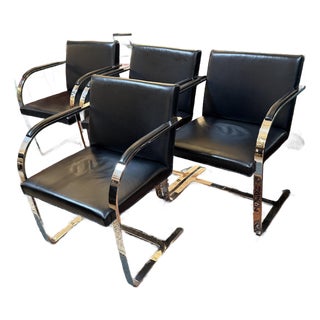 Brueton Cantilever Leather + Chrome Chairs, Set of Four For Sale