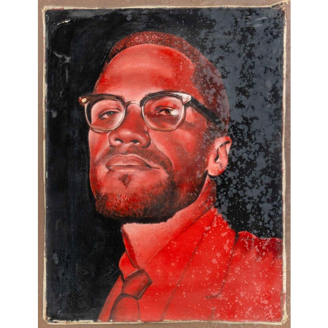 Stanislaw Andrzej Zagorski (Polish, 1933-2025), Malcolm X, Acrylic on Unstretched Canvas, unsigned, silver-tone frame....