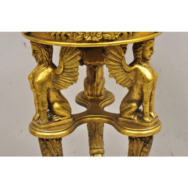 Traditional Late 20th Century Egyptian Revival Gold Giltwood Marble Top Sphinx Pedestal Side Table Plant Stand For Sale - Image 3 of 12