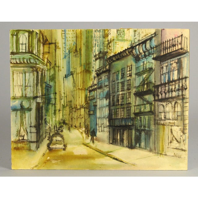 Vintage American School Modernist Urbanist Watercolor Street Scene Painting, Signed Sullivan For Sale - Image 9 of 9