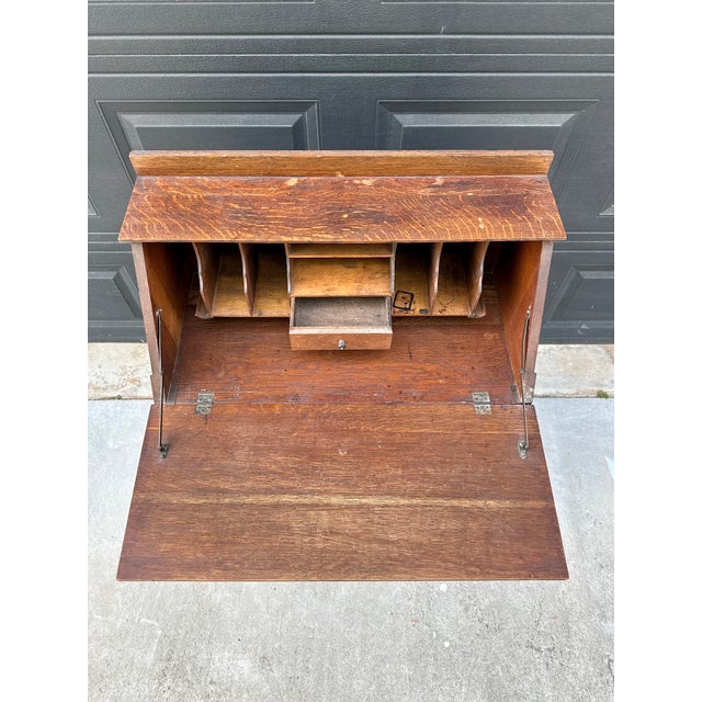 Antique Early 20th Century Quarter Sawn Oak Drop Front Secretary With Drawers - Solid Wood Accent Chest With Ring Pulls For Sale - Image 14 of 17