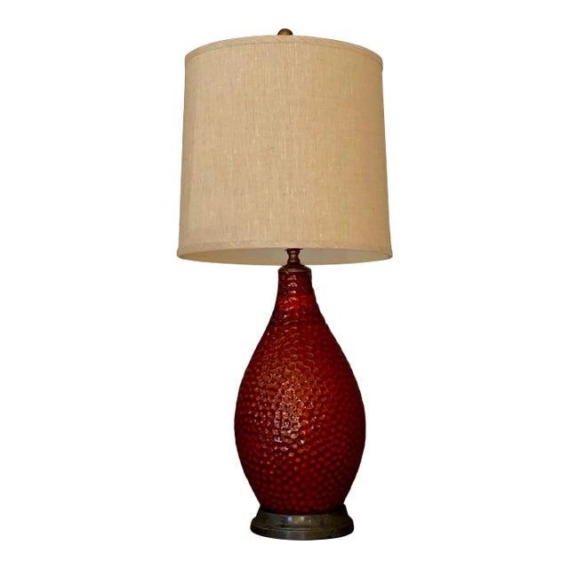 French Vintage Artisan Textured Red Ceramic Glazed Table Lamp, Two Available For Sale