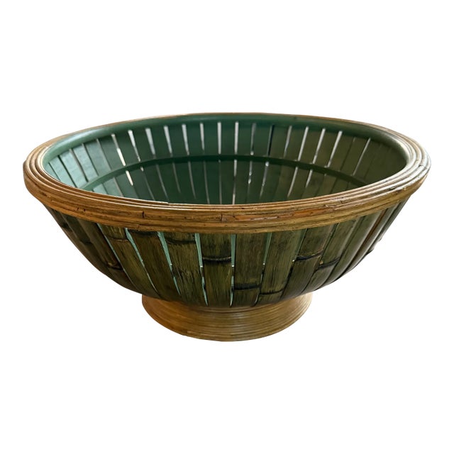 Large Bamboo Rattan Bowl in Natural and Green For Sale