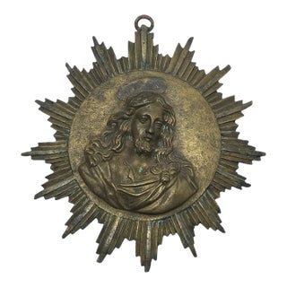 French Convent Late 19th Century Brass Haloed Christ Blessing Sunburst Plaque For Sale