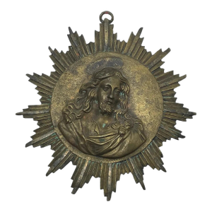 French Convent Late 19th Century Brass Haloed Christ Blessing Sunburst Plaque