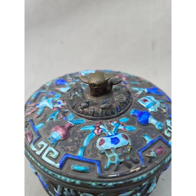 Asian Antique Chinese Enameled Box With Lid For Sale - Image 3 of 8