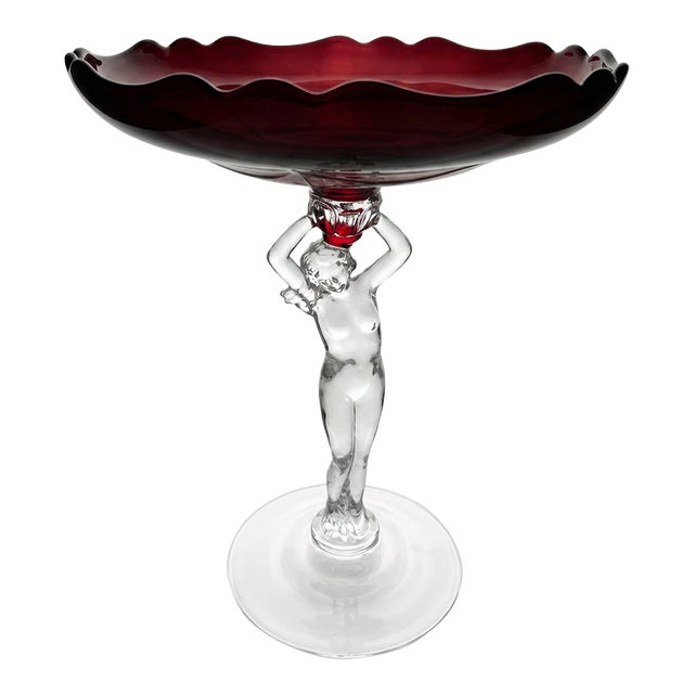 1930s Cambridge Glass Carmen Red Nude Figural Stem Compotes, Pair For Sale