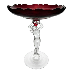 1930s Cambridge Glass Carmen Red Nude Figural Stem Compotes, Pair