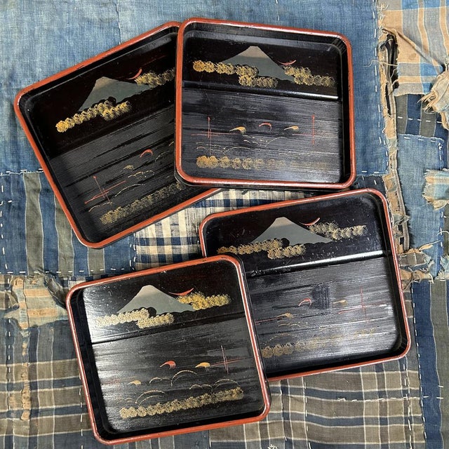 Wooden Lacquer Trays with Mountain Landscape, 1920s, Set of 4 For Sale - Image 8 of 18