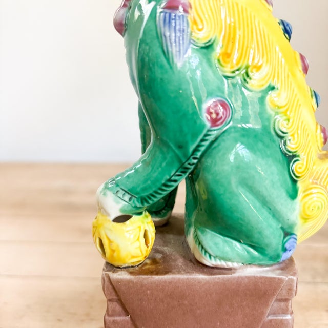 Antique Famille Verte Style Ceramic Foo Dog Pair: Green, Yellow and Brown Glazed Asian Figurines For Sale In Boston - Image 6 of 11