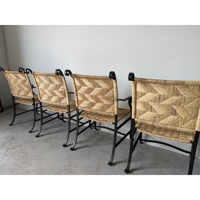 Organic Modern Hand-Wrought Iron & Woven Raffia Armchairs – Set of 4 For Sale - Image 12 of 13