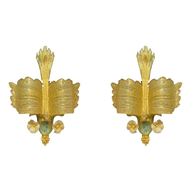 Mid-Century Italian Murano Gold Infused Glass Sconces - A Pair For Sale