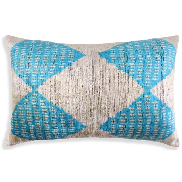 Textile Handmade 16x24 Turquoise Silk Velvet Throw Pillow – Luxury Geometric Lumbar Cushion For Sale - Image 7 of 8