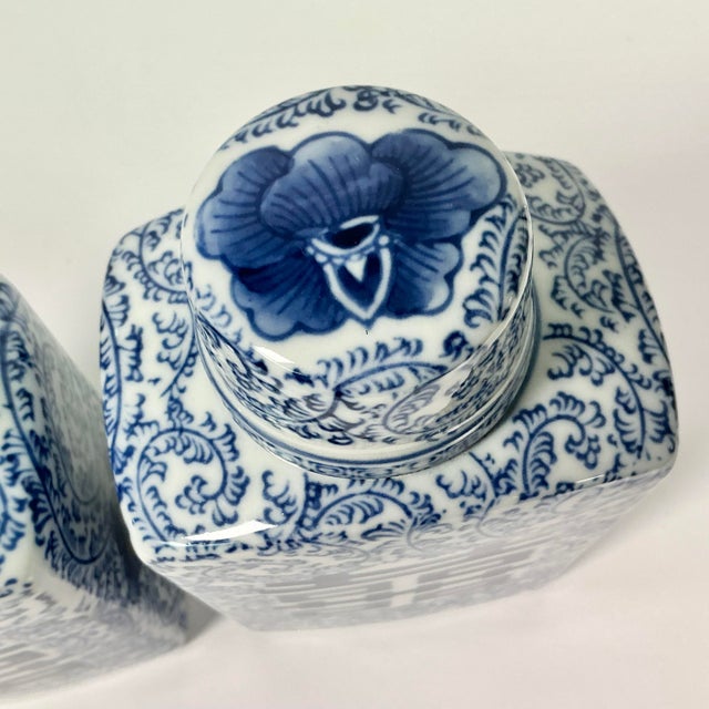 Mid-Century Boho Chic Chinoiserie Hollywood Regency Blue & White Square Happiness Ginger Jars - A Pair For Sale - Image 6 of 15