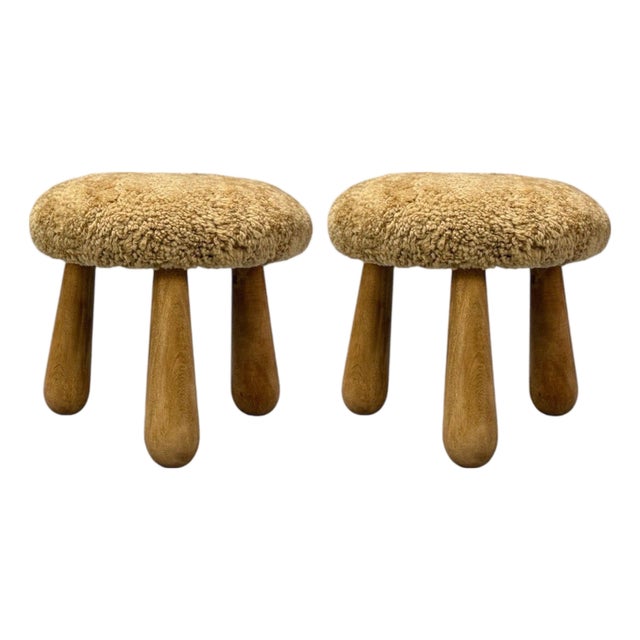 Danish Modern Style, Honey Sheepskin, Maple, Shearling Footstools, Usa, 21st C. For Sale