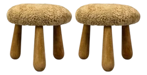 Danish Modern Style, Honey Sheepskin, Maple, Shearling Footstools, Usa, 21st C.