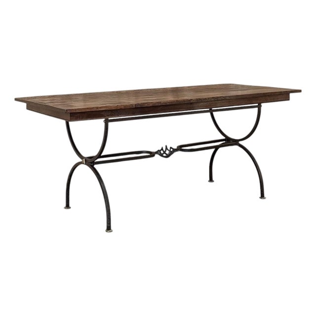 Country French Hand Forged Iron Dining Table With Antique Oak Top For Sale